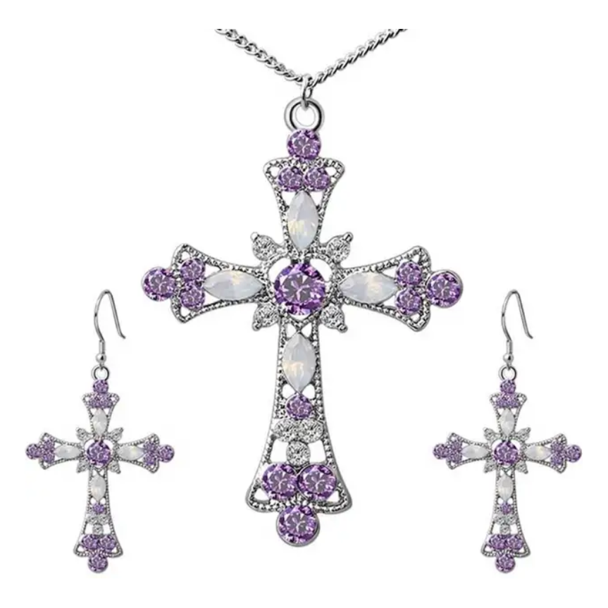 Silver And Purple Cross Necklace Set