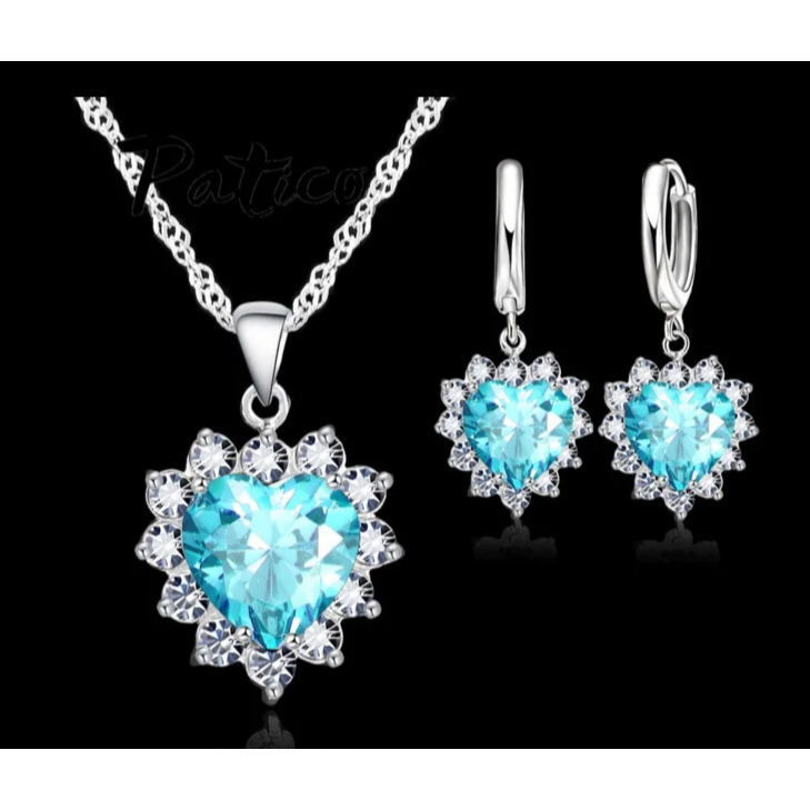 Sterling Silver Sky Blue Heart Necklace Set