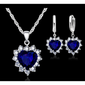 Sterling Silver Dark Blue Heart Necklace Set