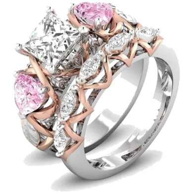 Pink Heart Wedding Ring Set.