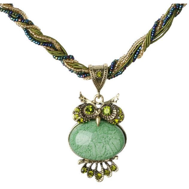Green Crystal Rhinestone Owl Necklace.