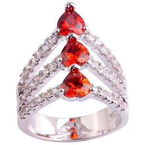 925 Silver Garnet Heart Trio Ring