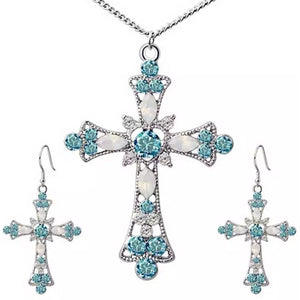 Silver And Blue Cross Necklace Set