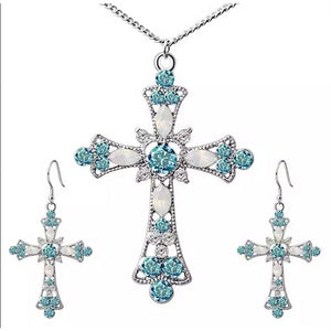 Silver And Blue Cross Necklace Set