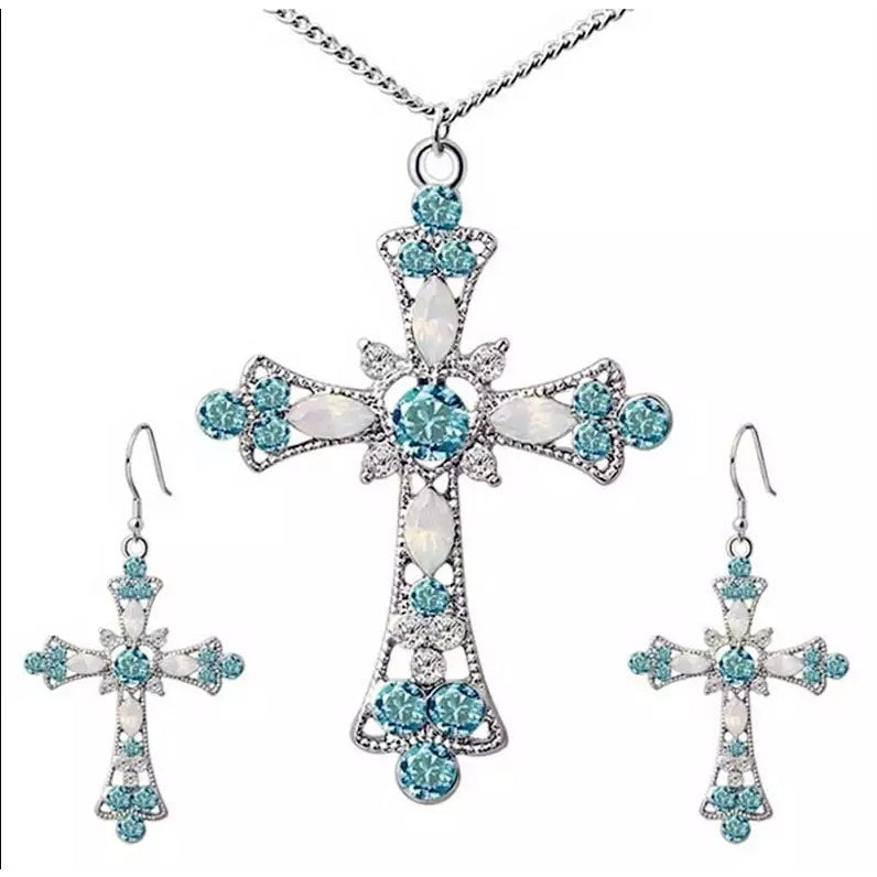 Silver And Blue Cross Necklace Set