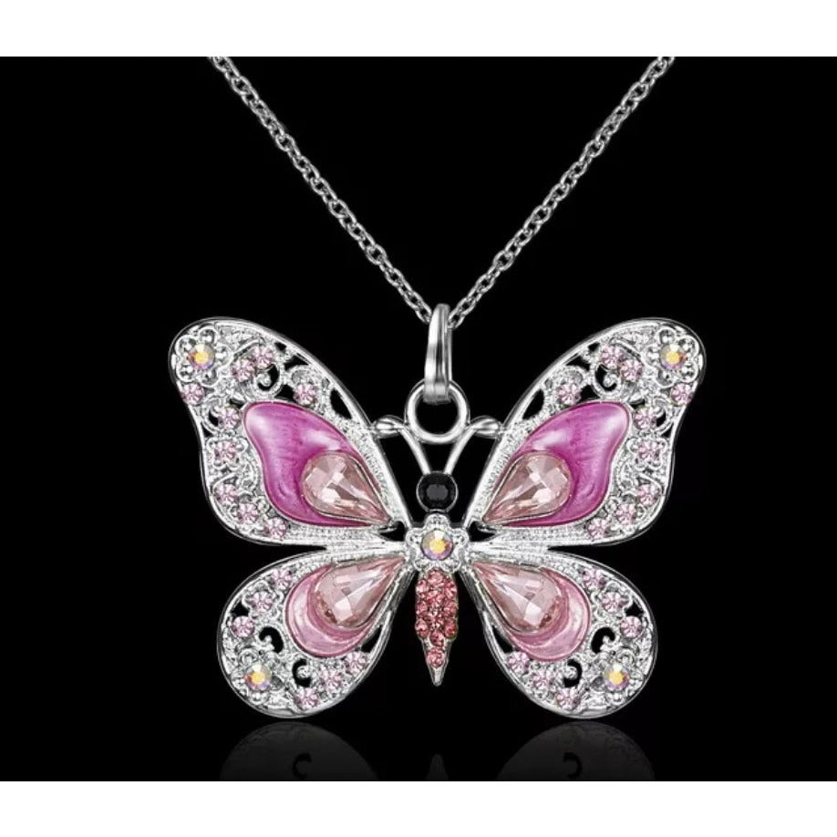 Pink Crystal Butterfly Necklace
