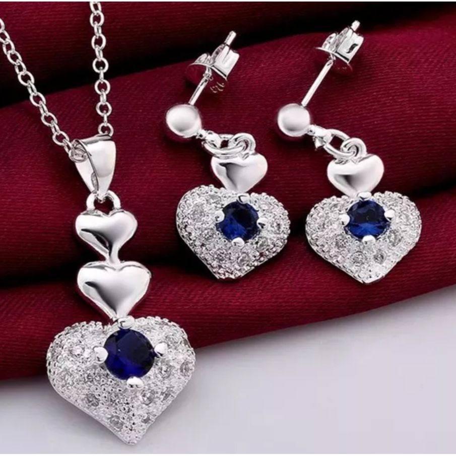 925 Sterling Silver Midnight Blue Crystal Necklace Set