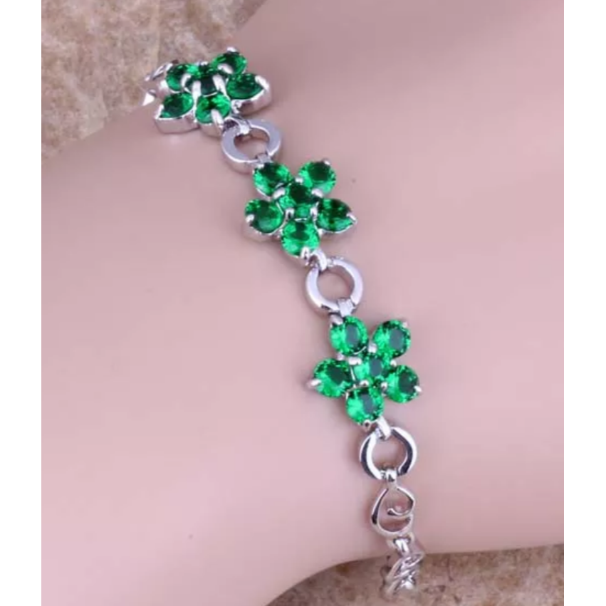 925 Sterling Silver Green Flower Bracelet